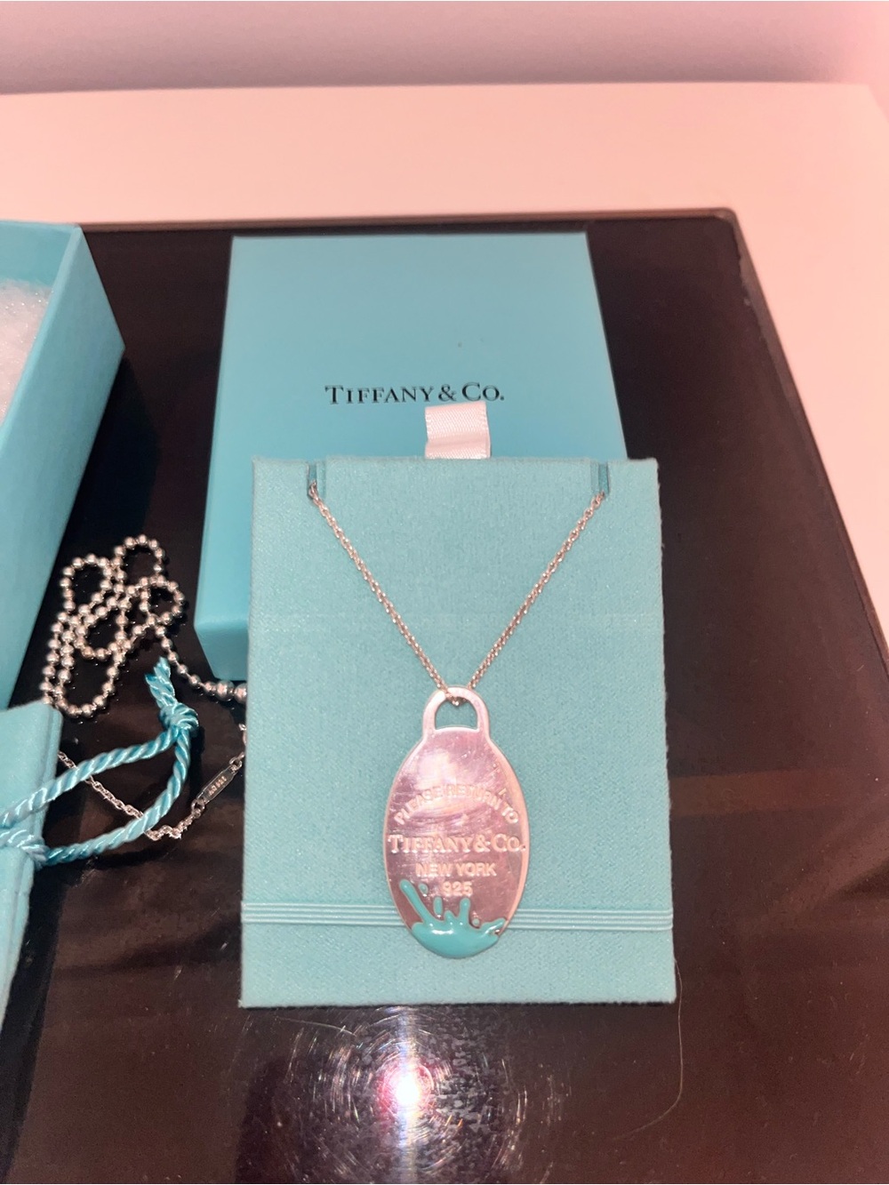Tiffany & Co. Silver Tag Necklace with Signature Tiffany Blue Accent